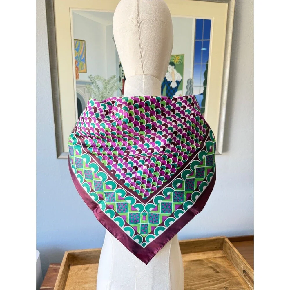 Vintage Sillook Geometric Scarf Green and Purple Scallops Made in‎ Japan 27